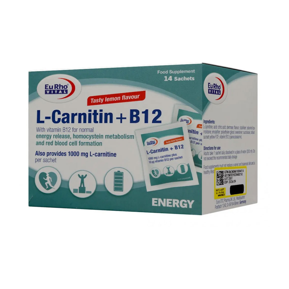 ساشه ال کارنیتین و ب12 بسته 14 عددی Eurho Vital L Carnitine Plus B12 14 Sachets