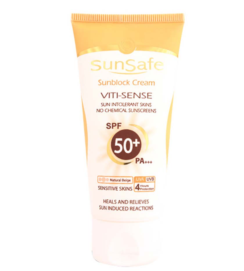 کرم ضد آفتاب رنگی پوست حساس فاقد جاذب شیمیایی spf50 Sunsafe Viti Sense SunBlock Cream SPF50