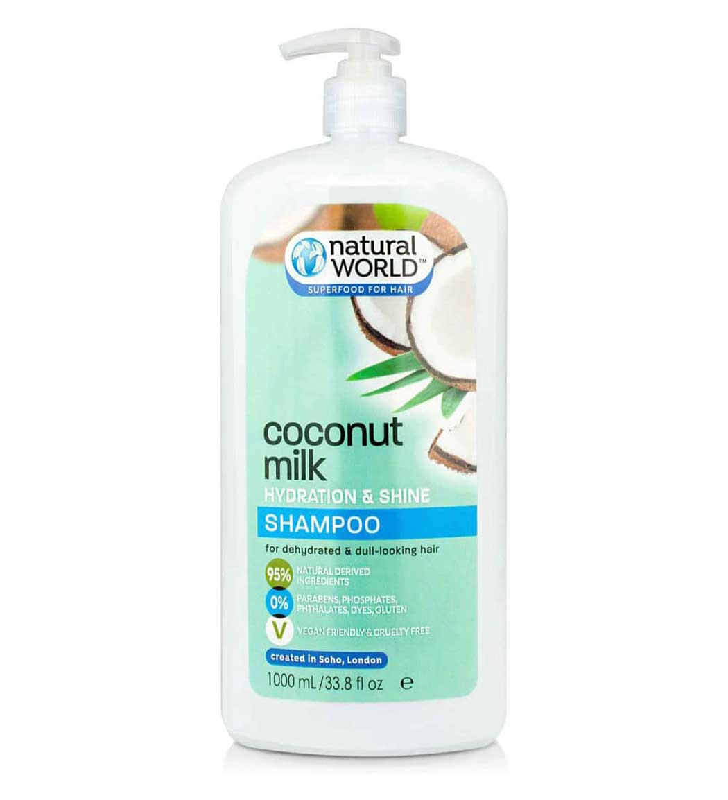 شامپو شیر نارگیل آبرسان و براق کننده مو حجم 1000 میل Natural World Coconut Milk Hydration And Shine Shampoo