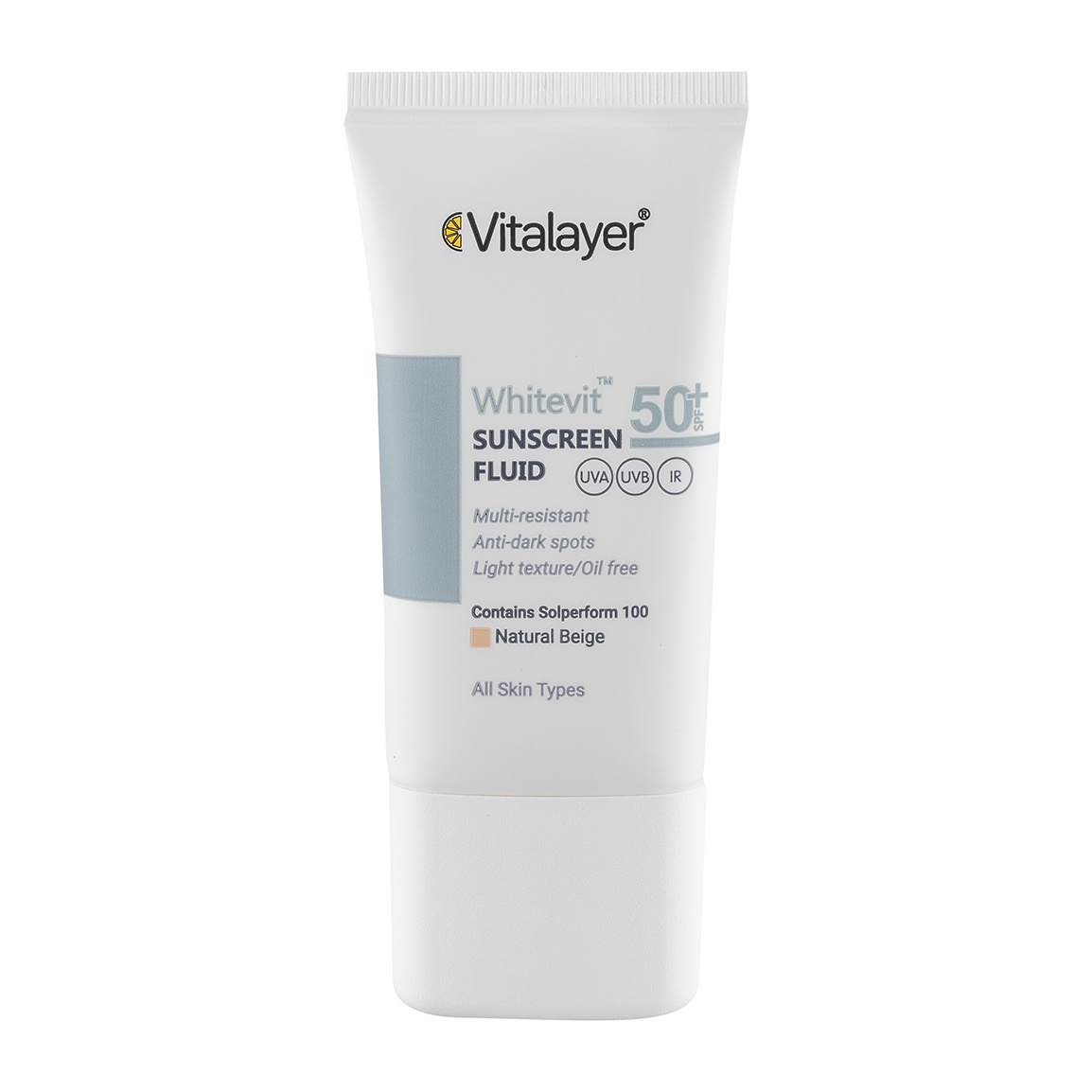 فلوئید ضد آفتاب وایت ویت رنگ بژ طبیعی مناسب پوست تیره و لک دار حجم 50 میل Vitalayer Whitevit Whitevit Sunscreen Natural Beig 50 ml