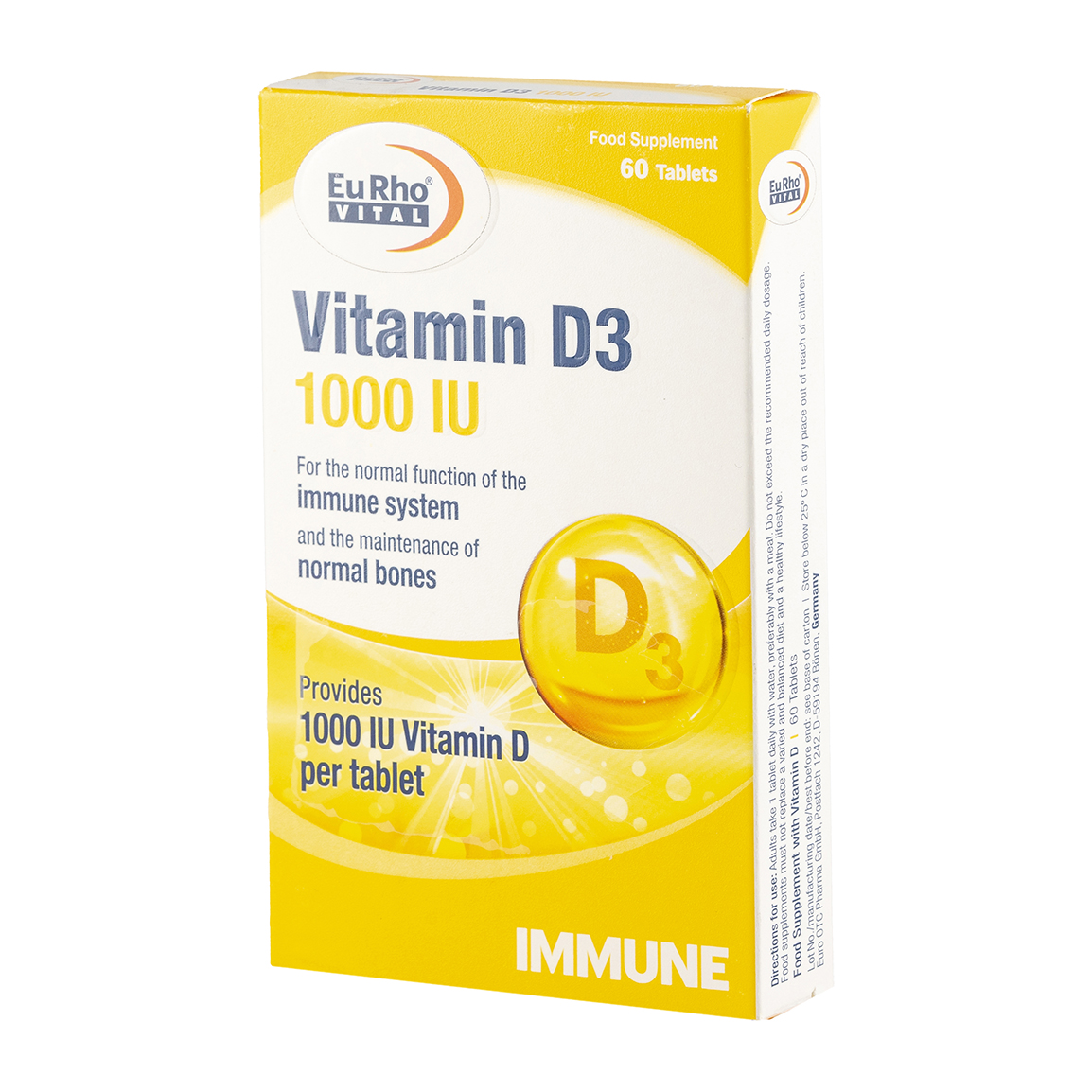 قرص ویتامین D3 1000 واحد بسته 60 عددی Eurho Vital Vitamin D3 1000 IU 60 Tabs