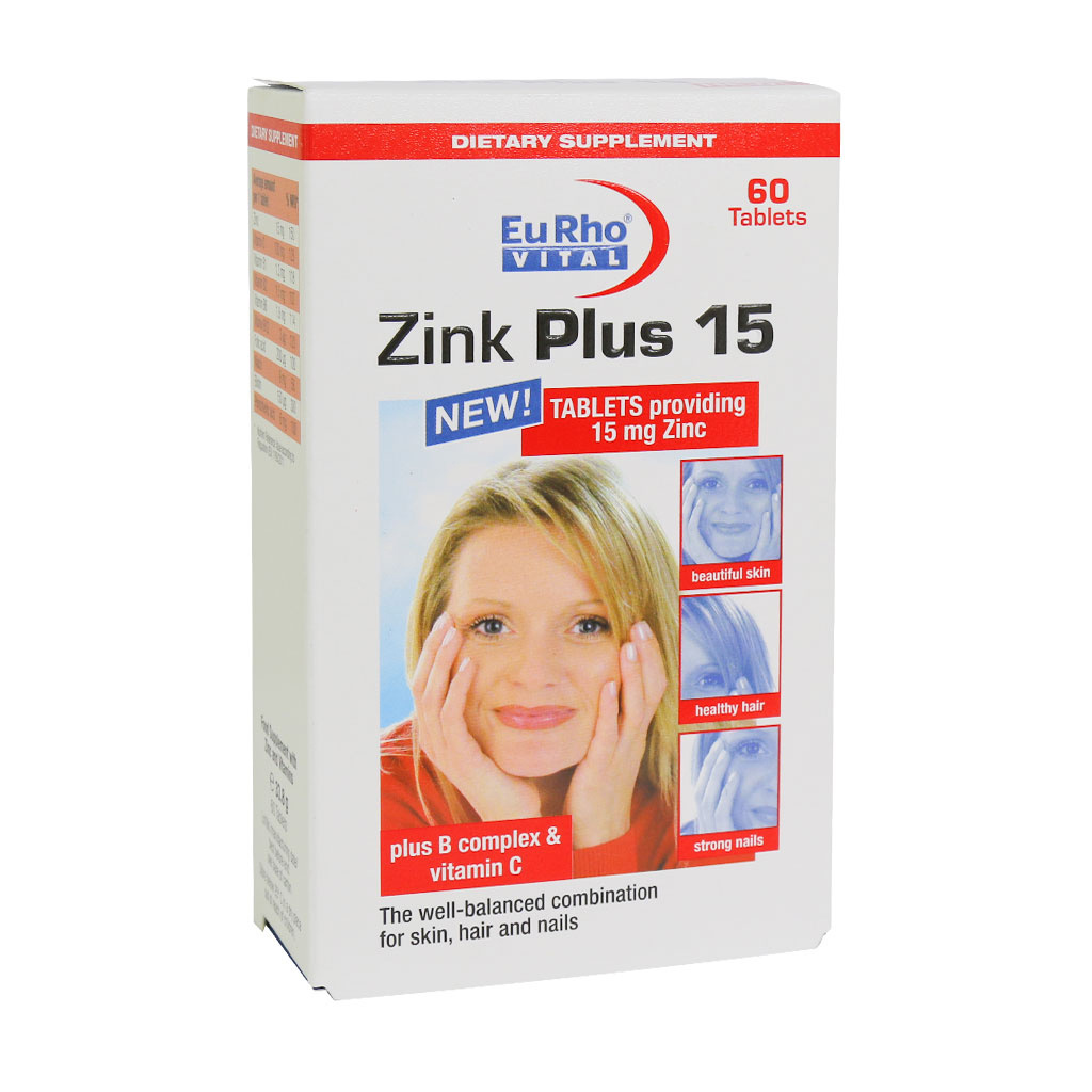 قرص زینک پلاس 15 بسته 60 عددی Eurho Vital Zink Plus 15 mg 60 Tabs