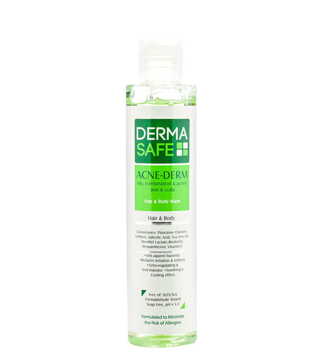 شامپو سر و بدن مناسب پوست های چرب مختلط و دارای آکنه 200میل Derma Safe Hair And Body Wash 200ml