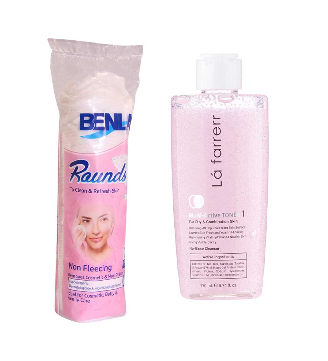 پک تونر مولتی اکتیو 1 برای پوست چرب و مختلط و پد آرایش پاک کن بسته 70 عددی Lafarrerr Skin care pack