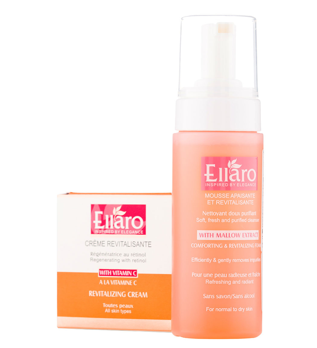 پک کرم ویتامین C و فوم شستشوی صورت مناسب پوست نرمال تا خشک Ellaro Vitamin C Cream And Face Wash Foam Suitable For Normal To Dry Skin Pack