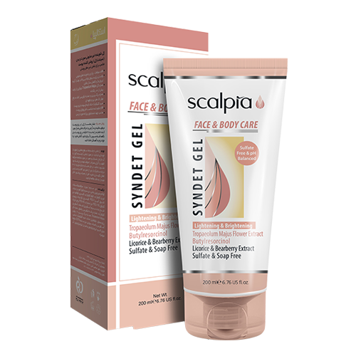 ژل روشن کننده غیر صابونی صورت و بدن سیندت ژل 200 میل Scalpia Syndet Gel Face And Body Lightening And Brightening 200ml